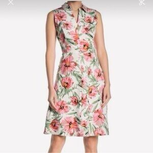 Tahari Dress Size 12 White Pink Floral Linen Blend Sleeveless Cottagecore Resort